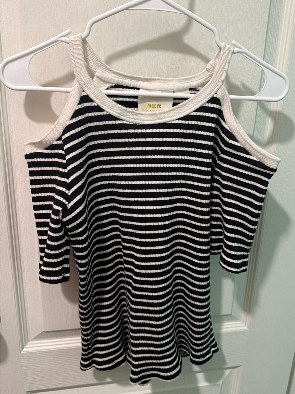 Maeve Black & White Striped Cold-Shoulder Knit Top